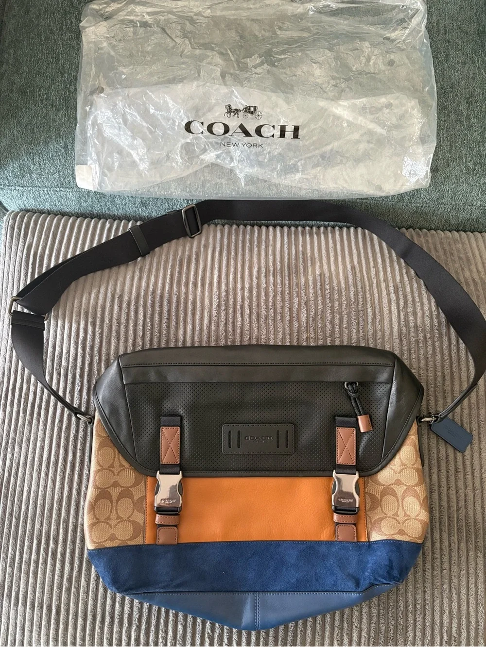 Coach Colorblock Messenger Bag in Brown, Tan, Orange and Blue